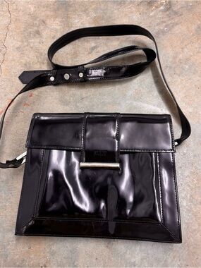 Vintage DKNY Black Patent Leather Crossbody Bag Silver Hardware Y2K 90s Retro